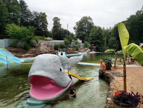 A whimsical whale sculpture in a pool area with water slides and trees in the background; a person is playing nearby.