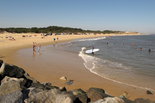 A sunny beach scene with surfers, beachgoers, and rocky shoreline under a clear blue sky.
