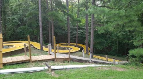 A winding yellow slide descends through a wooded area, surrounded by trees and a grassy path.