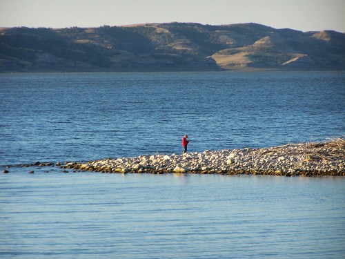 A person in a red jacket stands on a rocky shore by a calm lake, with hills in the background under a clear sky.