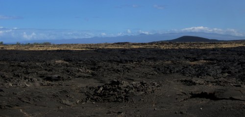 A vast, barren landscape of black volcanic rock under a clear blue sky, with distant mountains on the horizon.