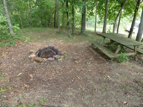A fire pit surrounded by stones next to a wooden picnic table in a wooded area.