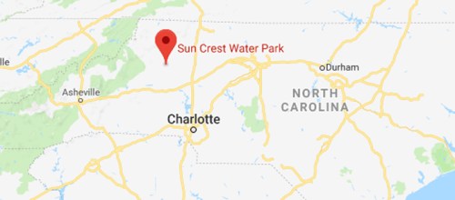 Map showing the location of Sun Crest Water Park in North Carolina, near Asheville and Charlotte.