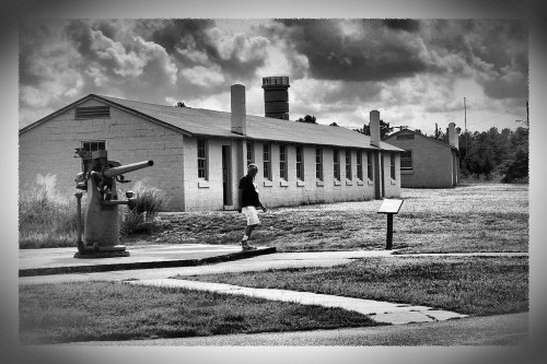A person walks past historic buildings and a cannon in a grassy area under a cloudy sky.