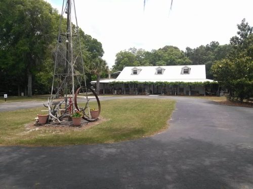 A rustic building surrounded by greenery, featuring a windmill and decorative plants in a circular driveway.