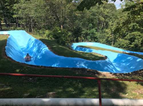 A person slides down a winding, blue water slide surrounded by green trees and grass.