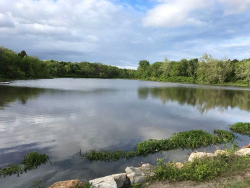 A serene lake surrounded by lush greenery and cloudy skies, reflecting the landscape on its calm surface.