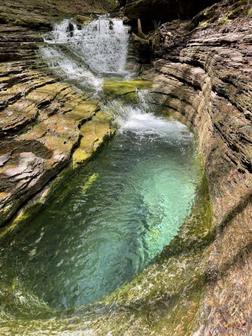 A serene natural pool surrounded by smooth, layered rock formations and a gentle waterfall cascading nearby.