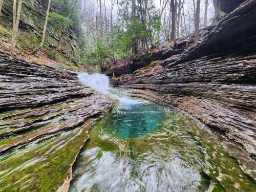 A serene natural scene featuring a small waterfall cascading into a clear pool surrounded by rocky, moss-covered cliffs.