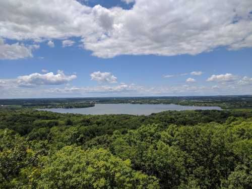 A scenic view of a lake surrounded by lush green trees under a partly cloudy sky.