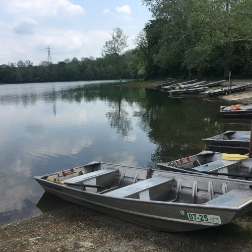 A calm lake surrounded by trees, with several empty boats moored along the shore under a partly cloudy sky.