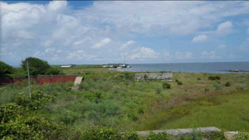 A coastal landscape with overgrown grass, ruins, and a distant view of the sea under a partly cloudy sky.