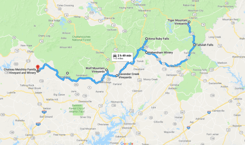 Map showing a route through various vineyards and waterfalls in the North Georgia area, including Chateau Meichtry.