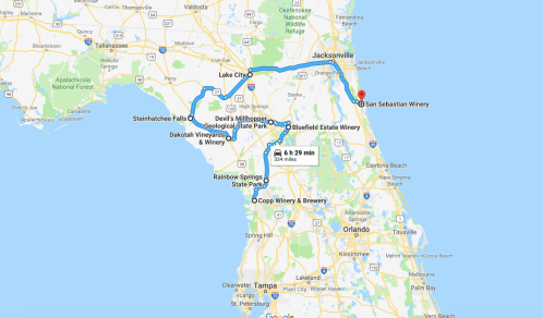 Map showing a route from Jacksonville to San Sebastian Winery, highlighting nearby attractions and travel distance.