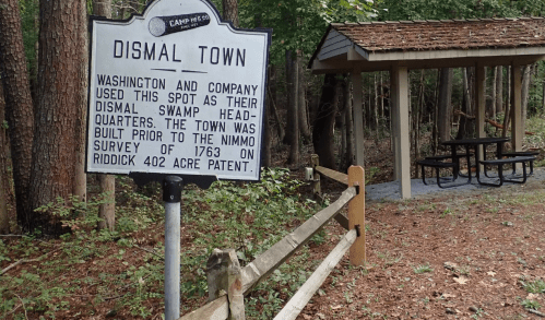Sign for Dismal Town with historical information, surrounded by trees and a picnic shelter in a wooded area.