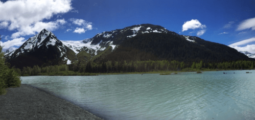 A panoramic view of a serene lake surrounded by snow-capped mountains and lush green trees under a blue sky.