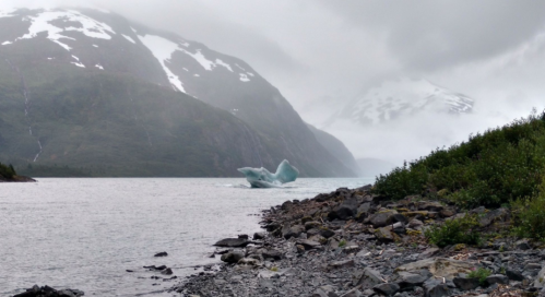 A serene landscape featuring a glacier in a lake, surrounded by mountains and overcast skies.