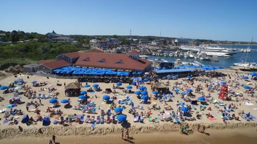 A busy beach scene with umbrellas, sunbathers, and a marina in the background under a clear blue sky.
