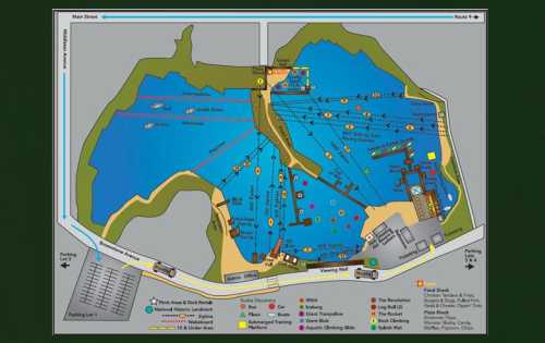 Map of a water park featuring attractions, pathways, and parking areas, with labeled zones and facilities.