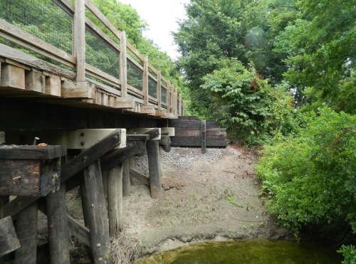 A wooden bridge extends over a dry riverbank, surrounded by lush greenery and trees.