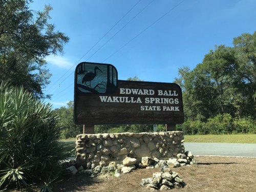 Sign for Edward Ball Wakulla Springs State Park, featuring a bird silhouette and surrounded by trees and greenery.