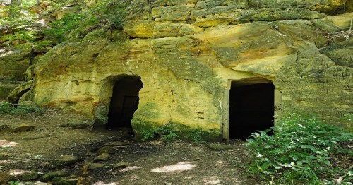 Two cave-like openings in a rocky, moss-covered hillside surrounded by greenery.