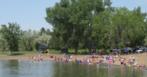 A busy beach scene with people swimming, sunbathing, and playing near a lake, surrounded by trees and tents.