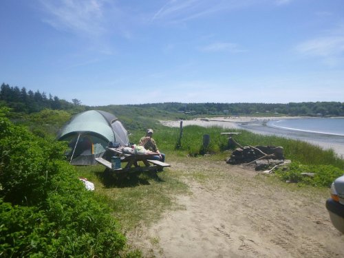A campsite by the beach with a tent, picnic table, and a person preparing food under a clear blue sky.