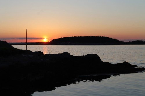 Sunset over a calm sea, with silhouettes of trees on an island and rocky shoreline in the foreground.