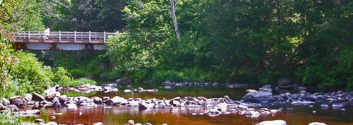 A serene river scene with smooth stones, lush greenery, and a wooden bridge in the background.