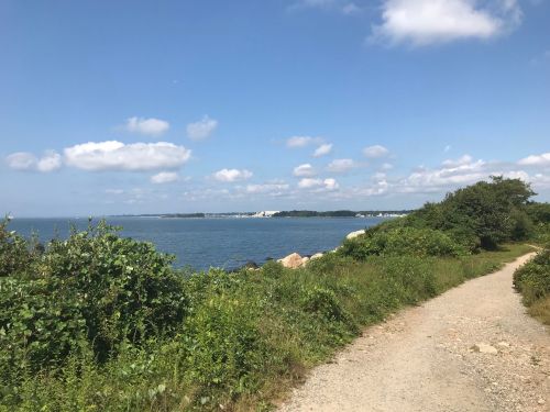 A scenic view of a coastal path lined with greenery, leading to a calm blue sea under a partly cloudy sky.