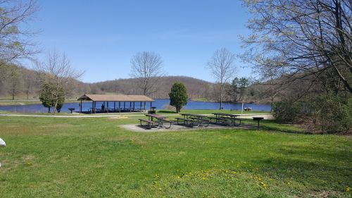 A serene park scene featuring a lake, picnic tables, and a pavilion under a clear blue sky.