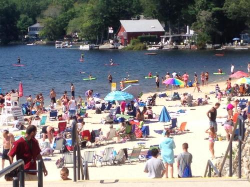 Crowded beach scene with people sunbathing, swimming, and paddleboarding near a lake on a sunny day.