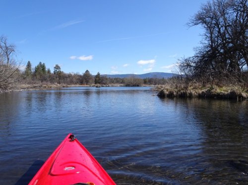 A red kayak on calm water, surrounded by trees and mountains under a clear blue sky.