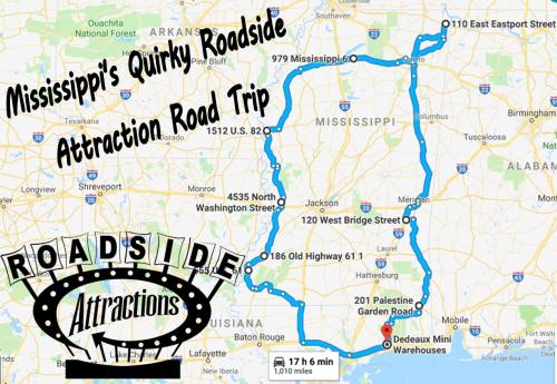 Map of a quirky roadside attraction road trip in Mississippi, highlighting key stops and routes.