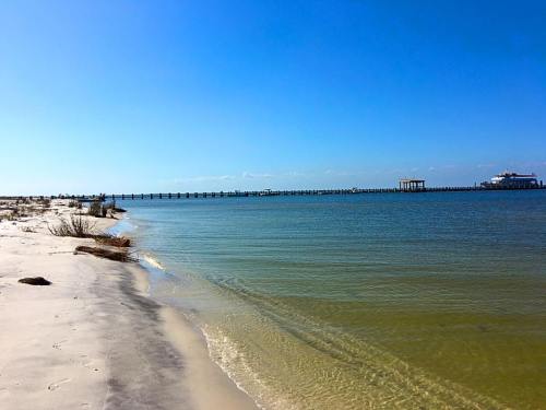 A serene beach scene with calm waters, a wooden pier in the distance, and clear blue skies.