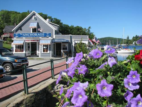 A charming waterfront building with flowers in the foreground, boats in the background, and flags lining the street.