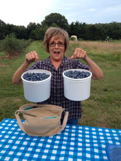 A woman holds two buckets filled with blueberries, smiling in a field with trees in the background.