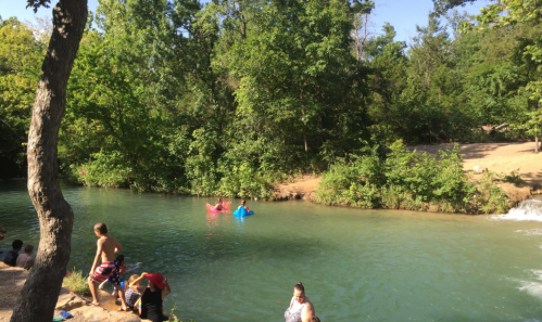 People enjoying a sunny day by a river, with some swimming and others relaxing on the shore surrounded by greenery.