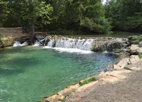 A serene waterfall cascades into a clear, turquoise pool surrounded by lush greenery and trees.