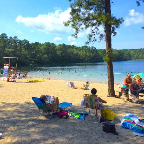 A sandy beach with people sunbathing, swimming, and picnicking near a calm lake surrounded by trees.