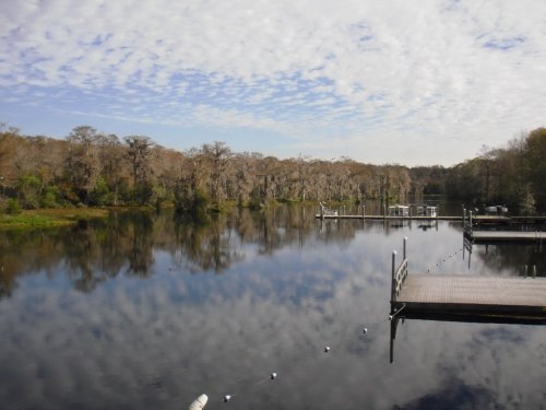 A serene lake scene with reflections of trees and clouds, featuring wooden docks along the water's edge.