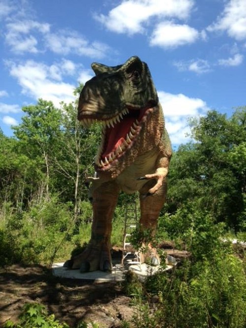 A large dinosaur statue stands in a wooded area, with a ladder leaning against it under a blue sky.