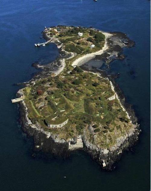 Aerial view of a small, lush island surrounded by blue water, featuring pathways and structures among greenery.