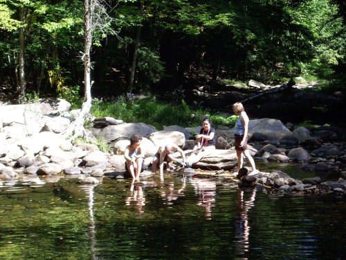 Four people play by a rocky riverbank, enjoying a sunny day surrounded by trees and water reflections.