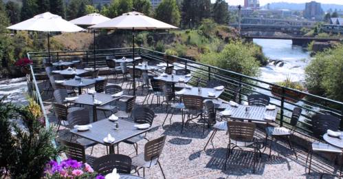 Outdoor dining area with tables and umbrellas overlooking a river and greenery.