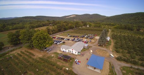 Aerial view of a farm with parking, buildings, and apple orchards surrounded by rolling hills and trees.