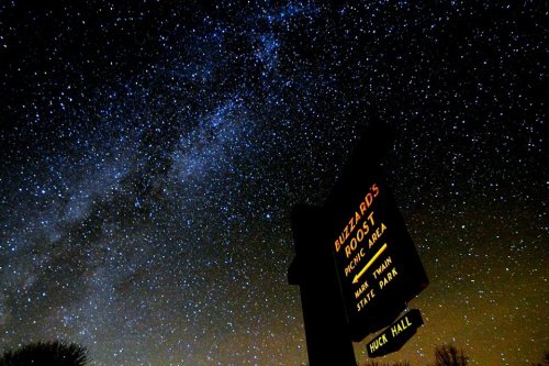 A starry night sky above a sign for Buzzard's Roost picnic area in a state park, illuminated by starlight.