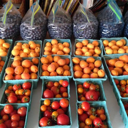 Baskets of colorful fruits: blueberries, oranges, and various tomatoes arranged neatly on a table.