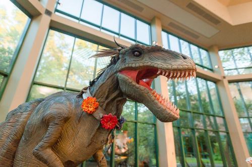A dinosaur model with a floral necklace stands in a bright room with large windows.